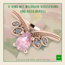 verspielter V-Ring mit einer Spitze, Milgrainverzierung, Brillanten und einem rosa Turmalin in Rosegold